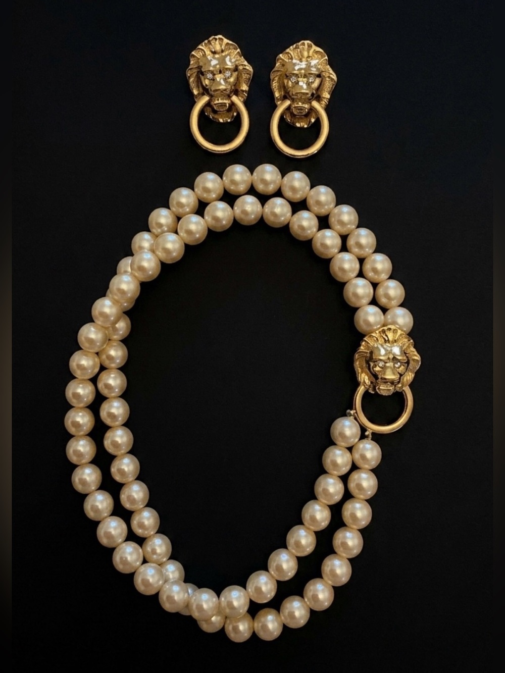 #82 Vintage KJL for Avon Faux Pearl & Goldtone Lion Head Necklace & Earrings Set